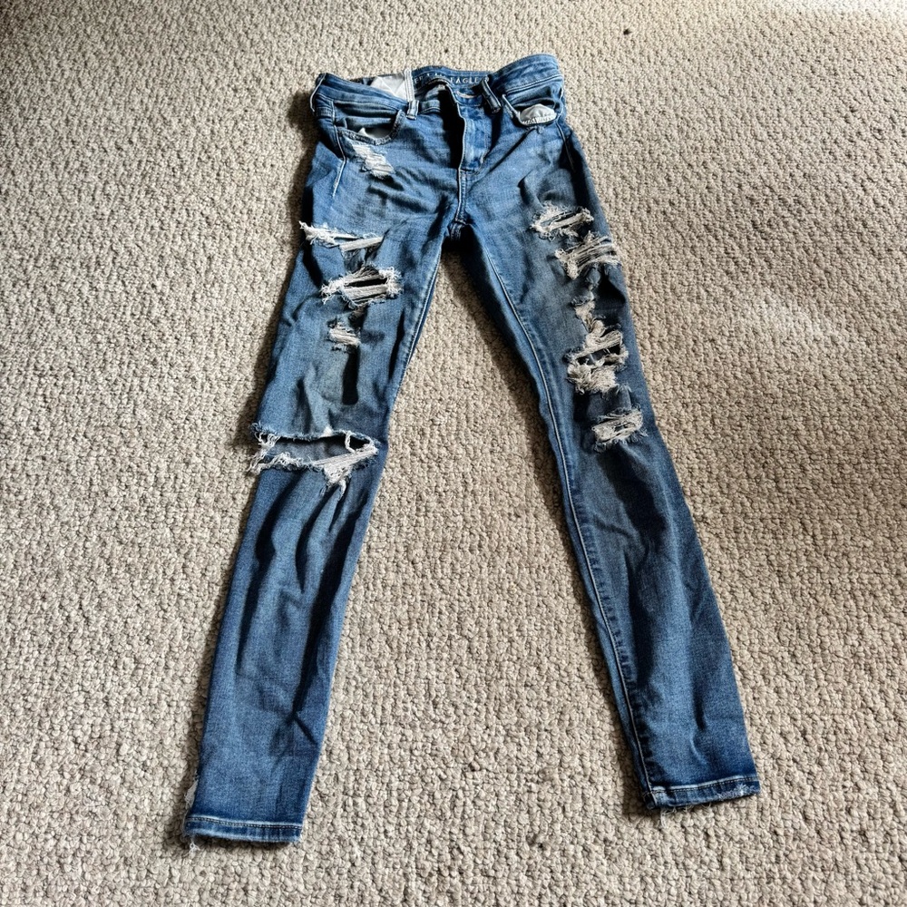 American Eagle Outfitters Blue Skinny Jeans with Distressed Details